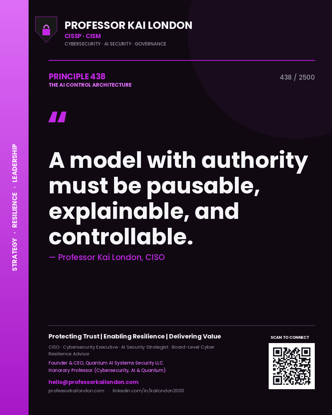 Quote card by Professor Kai London reading 'A model with authority must be pausable, explainable, and controllable.'. From the book The AI Control Architecture.