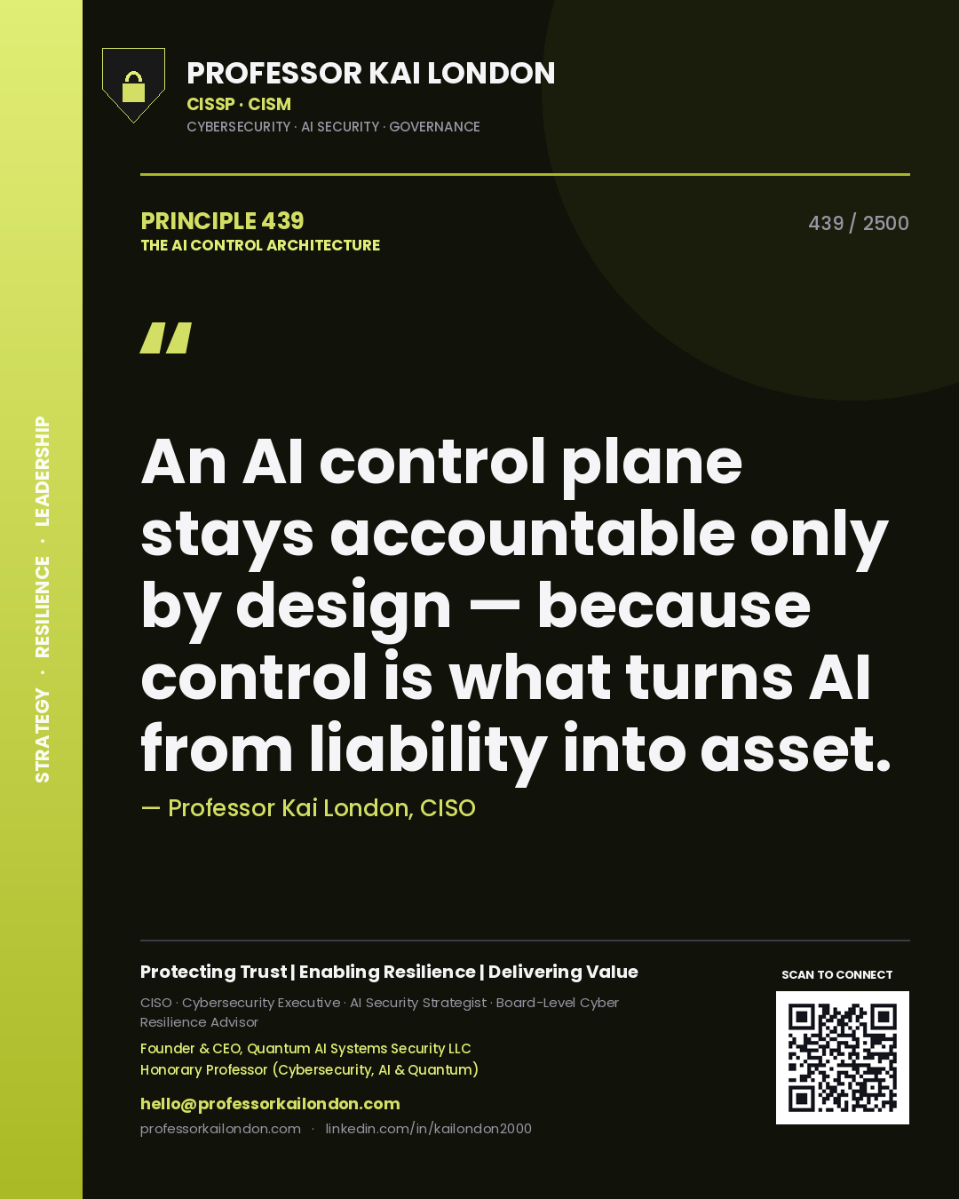 Professor Kai London principle 439: An AI control plane stays accountable only by design — because control is what turns AI from liability into asset.