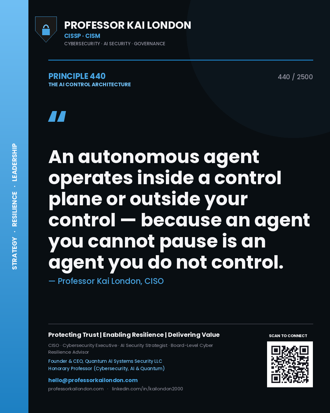 Professor Kai London principle 440: An autonomous agent operates inside a control plane or outside your control — because an agent you cannot pause is an agent you do not control.