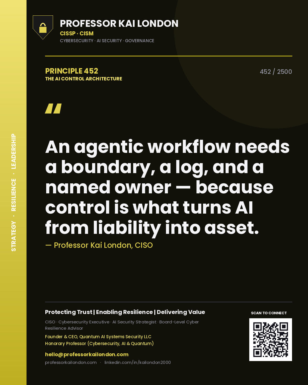 Professor Kai London principle 452: An agentic workflow needs a boundary, a log, and a named owner — because control is what turns AI from liability into asset.