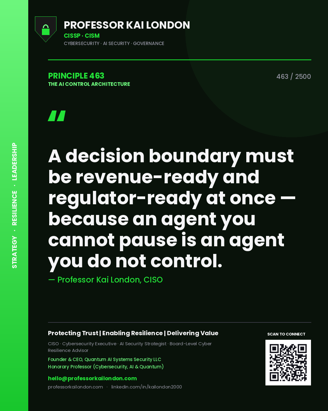 Professor Kai London principle 463: A decision boundary must be revenue-ready and regulator-ready at once — because an agent you cannot pause is an agent you do not control.
