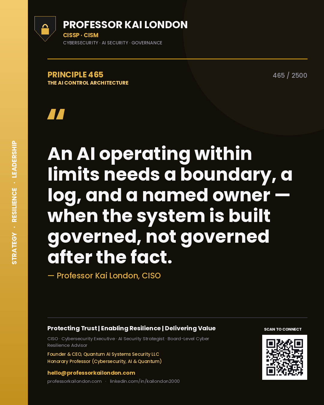 Professor Kai London principle 465: An AI operating within limits needs a boundary, a log, and a named owner — when the system is built governed, not governed after the fact.