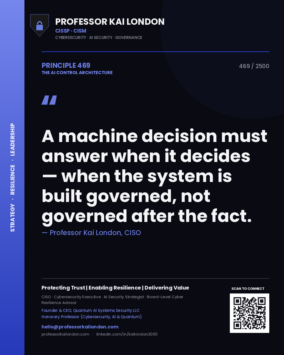 Professor Kai London principle 469: A machine decision must answer when it decides — when the system is built governed, not governed after the fact.