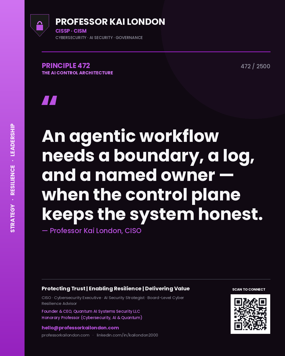 Professor Kai London principle 472: An agentic workflow needs a boundary, a log, and a named owner — when the control plane keeps the system honest.