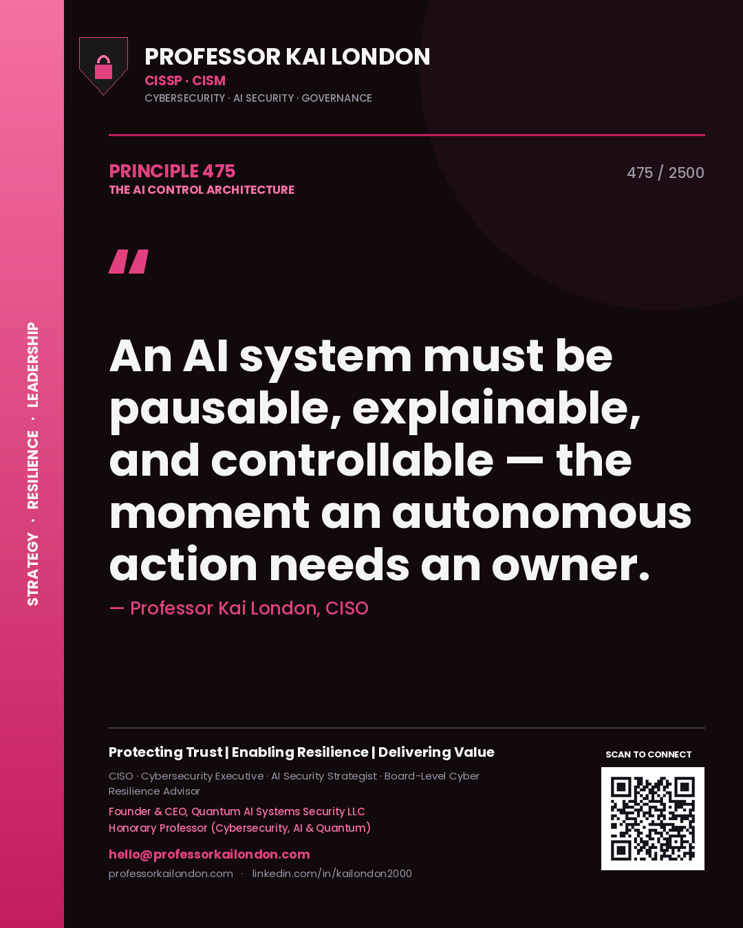 Quote card by Professor Kai London reading 'An AI system must be pausable, explainable, and controllable — the moment an autonomous action needs an owner.'. From the book The AI Control Architecture.