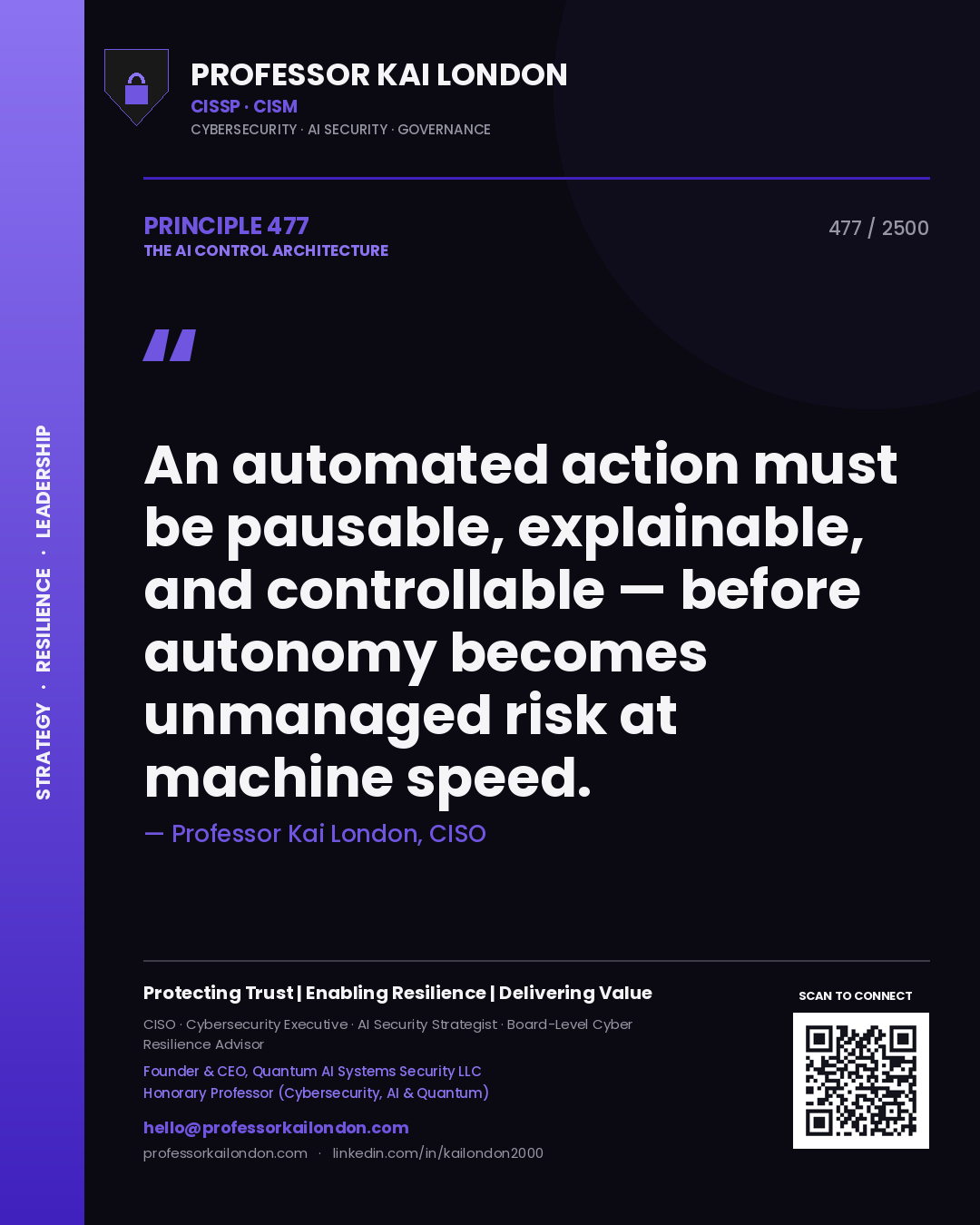 Professor Kai London principle 477: An automated action must be pausable, explainable, and controllable — before autonomy becomes unmanaged risk at machine speed.