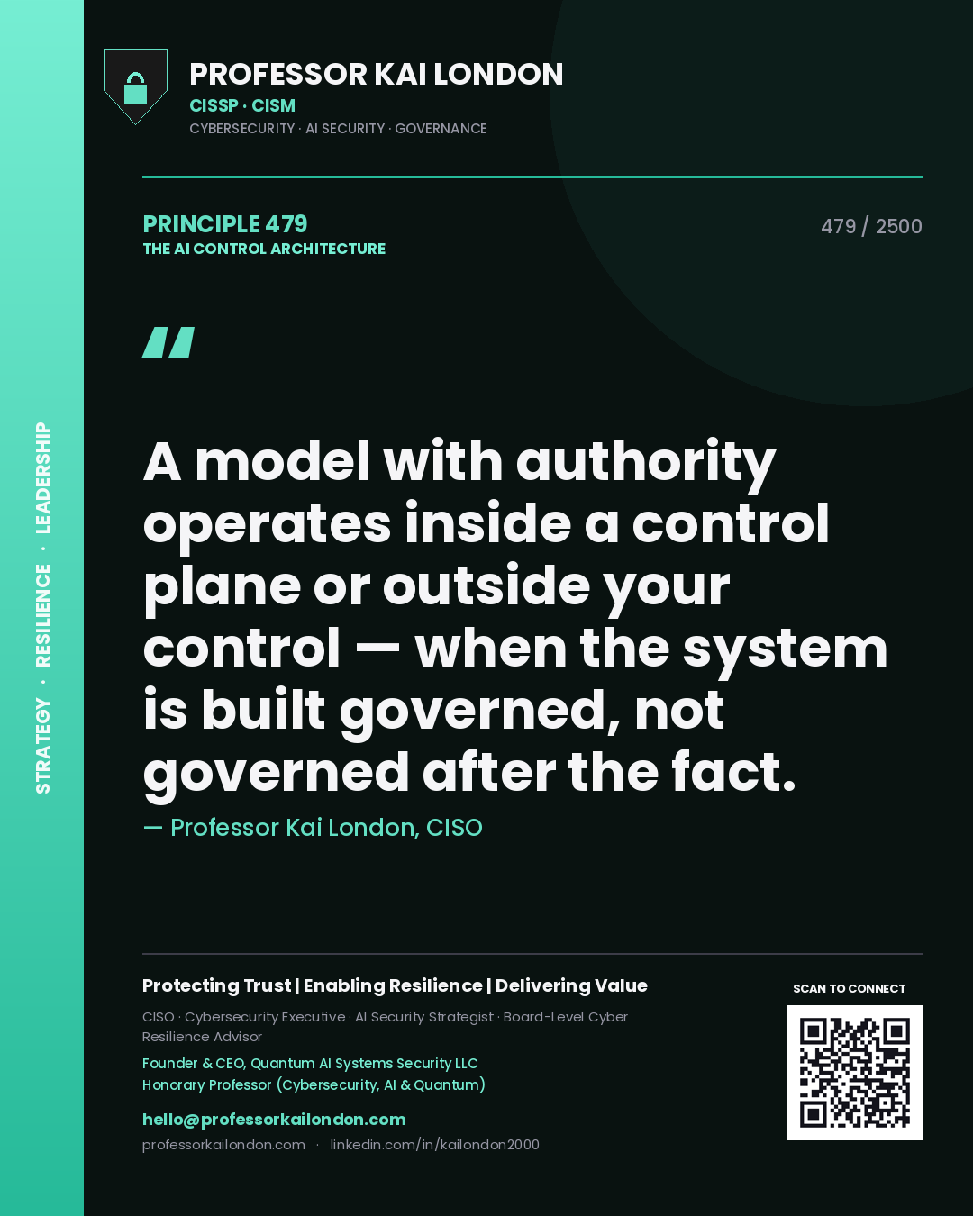 Professor Kai London principle 479: A model with authority operates inside a control plane or outside your control — when the system is built governed, not governed after the fact.