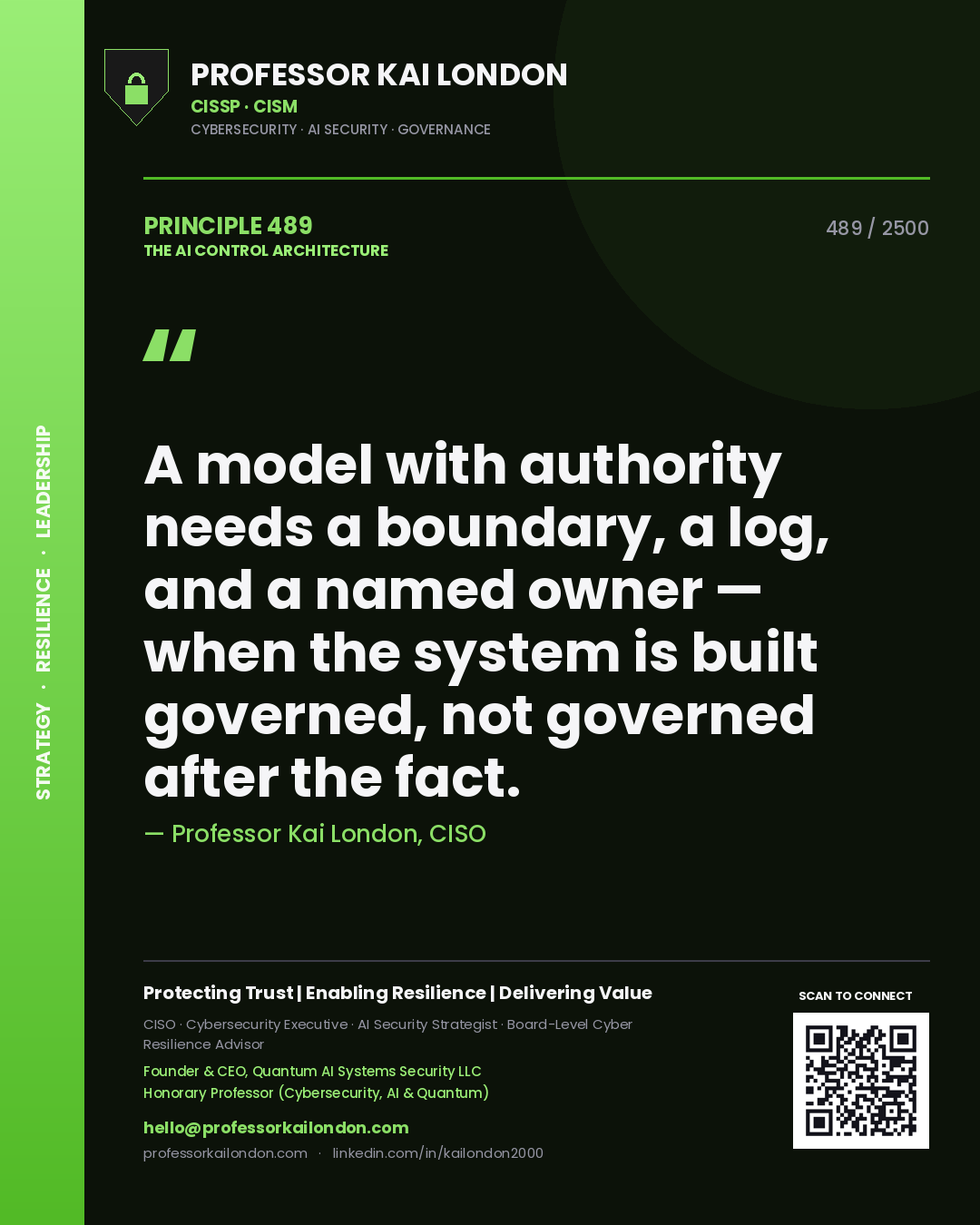 Professor Kai London principle 489: A model with authority needs a boundary, a log, and a named owner — when the system is built governed, not governed after the fact.