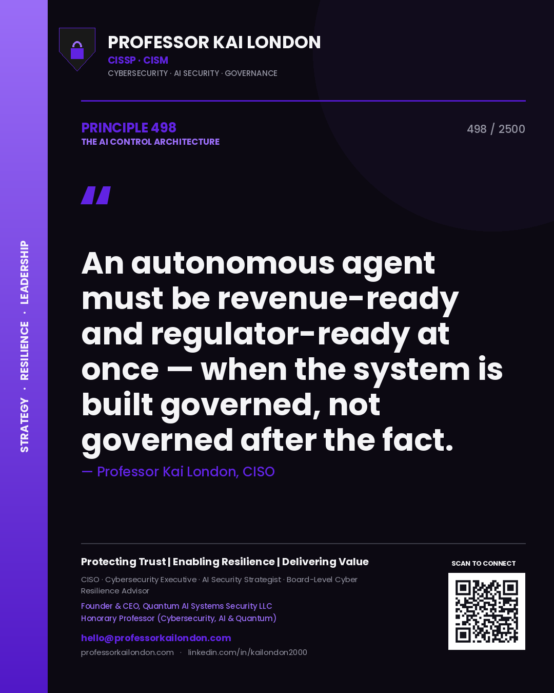 Professor Kai London principle 498: An autonomous agent must be revenue-ready and regulator-ready at once — when the system is built governed, not governed after the fact.