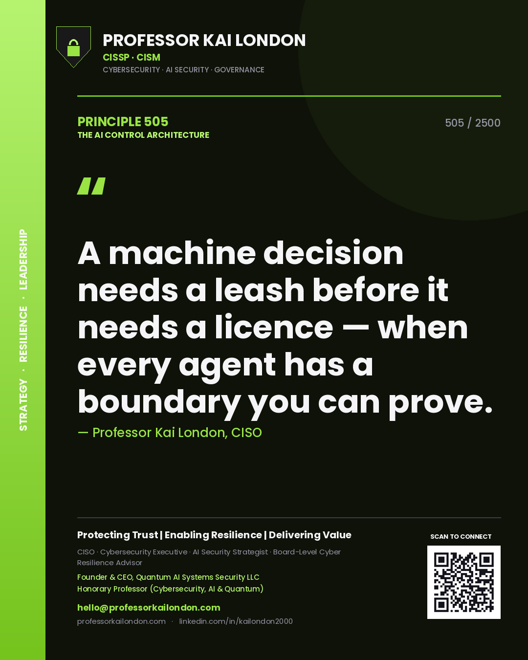 Professor Kai London principle 505: A machine decision needs a leash before it needs a licence — when every agent has a boundary you can prove.