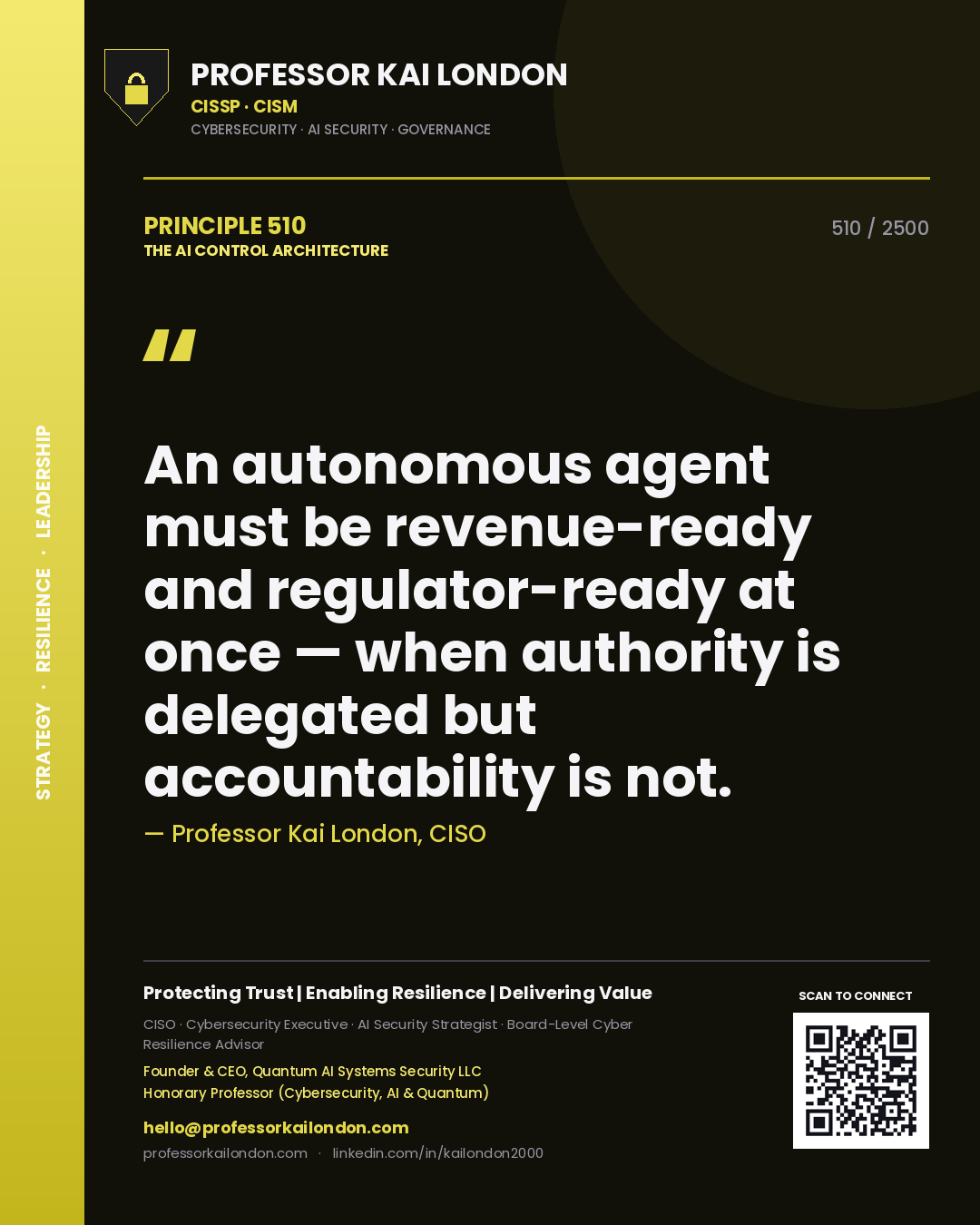 Quote card by Professor Kai London reading 'An autonomous agent must be revenue-ready and regulator-ready at once — when authority is delegated but accountability is not.'. From the book The AI Control Architecture.