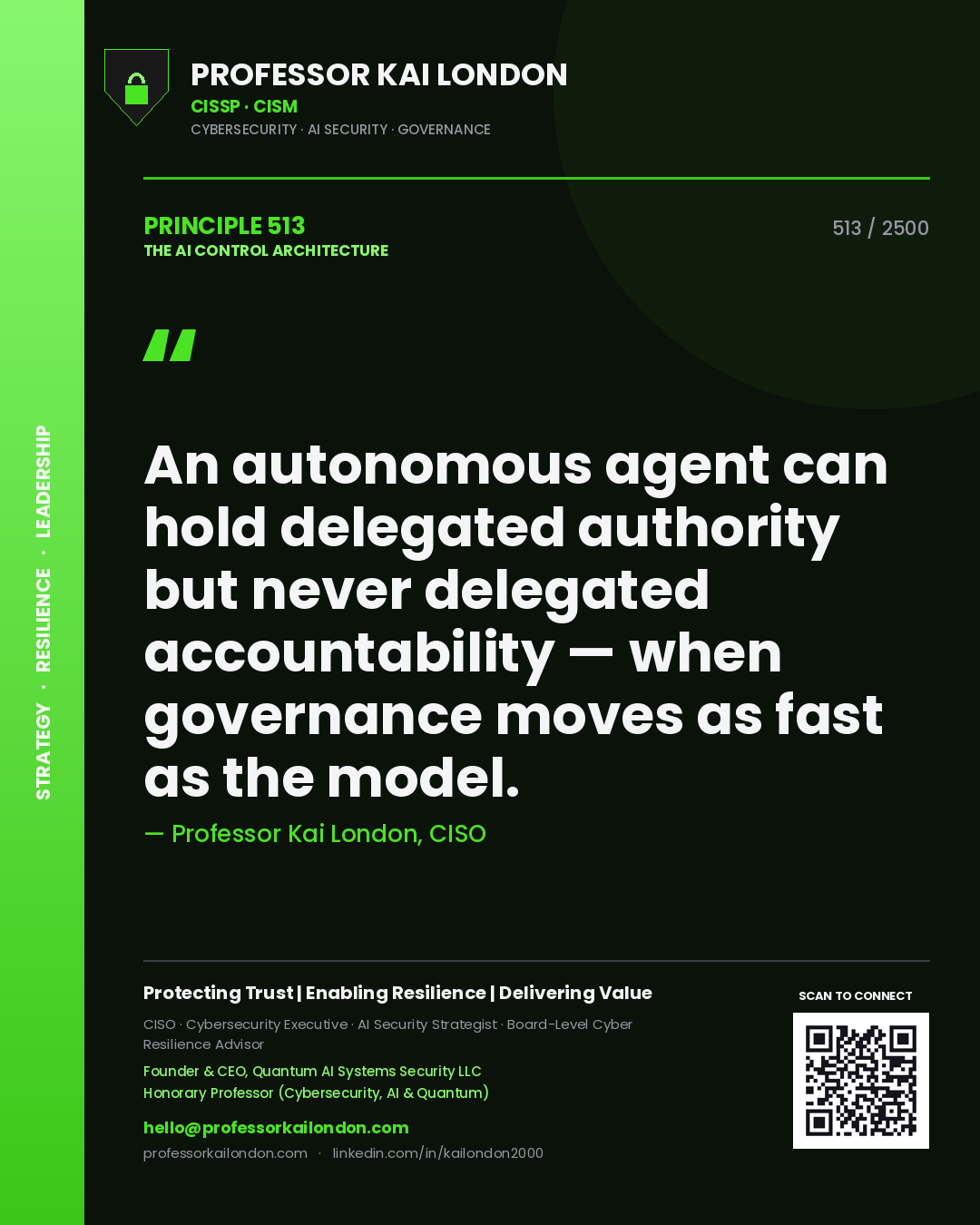 Quote card by Professor Kai London reading 'An autonomous agent can hold delegated authority but never delegated accountability — when governance moves as fast as the model.'. From the book The AI Control Architecture.