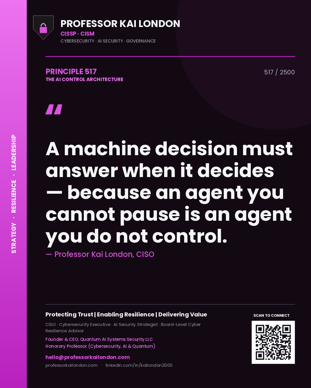 Quote card by Professor Kai London reading 'A machine decision must answer when it decides — because an agent you cannot pause is an agent you do not control.'. From the book The AI Control Architecture.