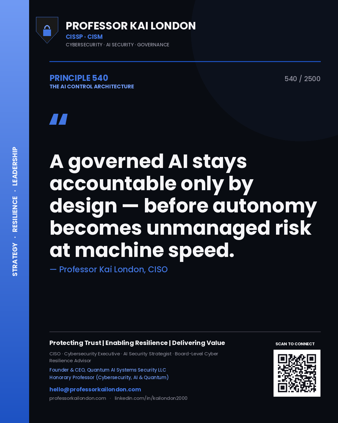 Professor Kai London principle 540: A governed AI stays accountable only by design — before autonomy becomes unmanaged risk at machine speed.