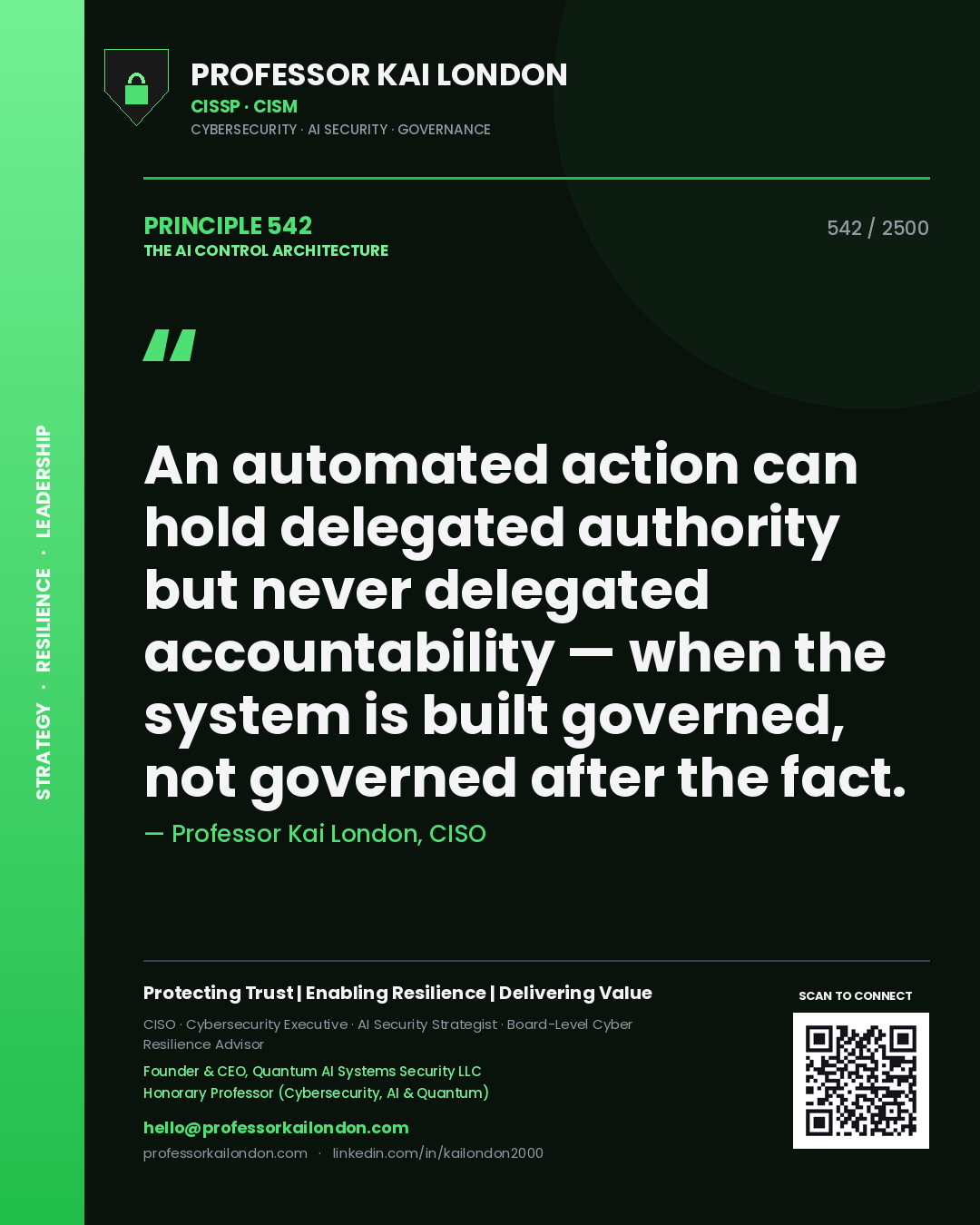 Professor Kai London principle 542: An automated action can hold delegated authority but never delegated accountability — when the system is built governed, not governed after the fact.