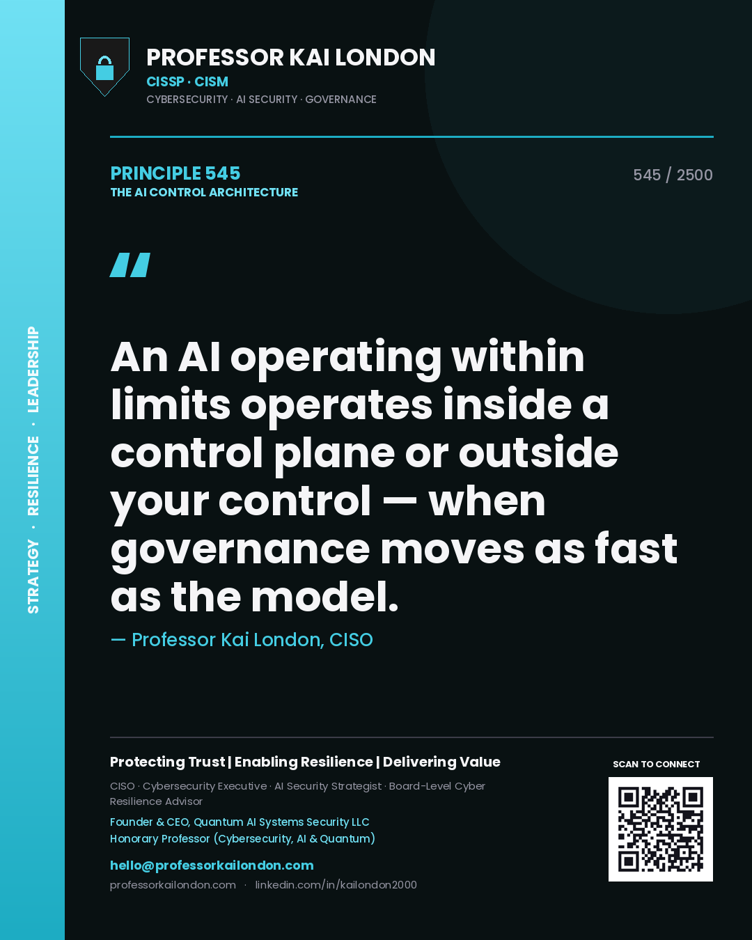 Professor Kai London principle 545: An AI operating within limits operates inside a control plane or outside your control — when governance moves as fast as the model.