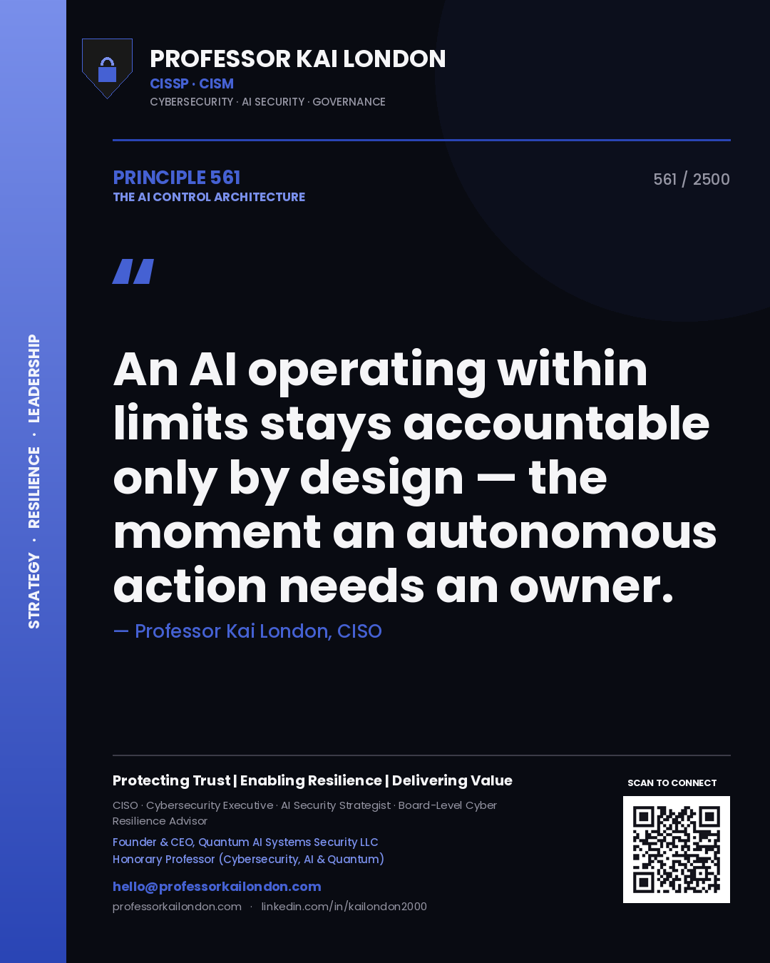 Professor Kai London principle 561: An AI operating within limits stays accountable only by design — the moment an autonomous action needs an owner.