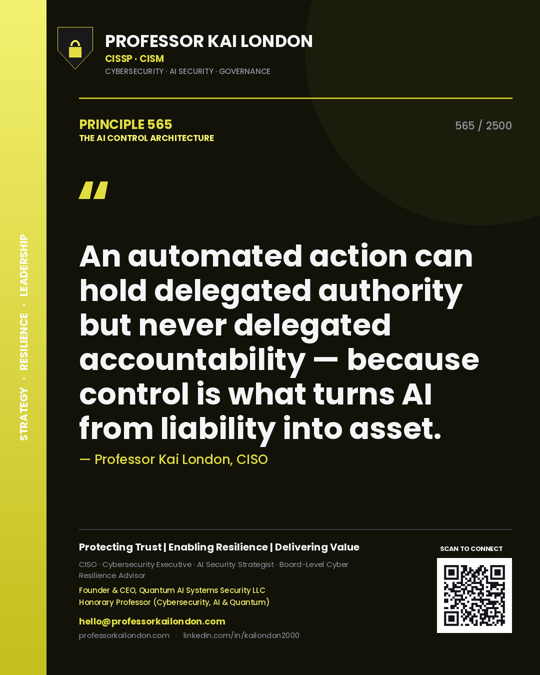 Quote card by Professor Kai London reading 'An automated action can hold delegated authority but never delegated accountability — because control is what turns AI from liability into asset.'. From the book The AI Control Architecture.