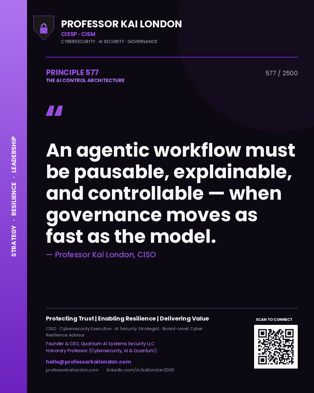 Professor Kai London principle 577: An agentic workflow must be pausable, explainable, and controllable — when governance moves as fast as the model.