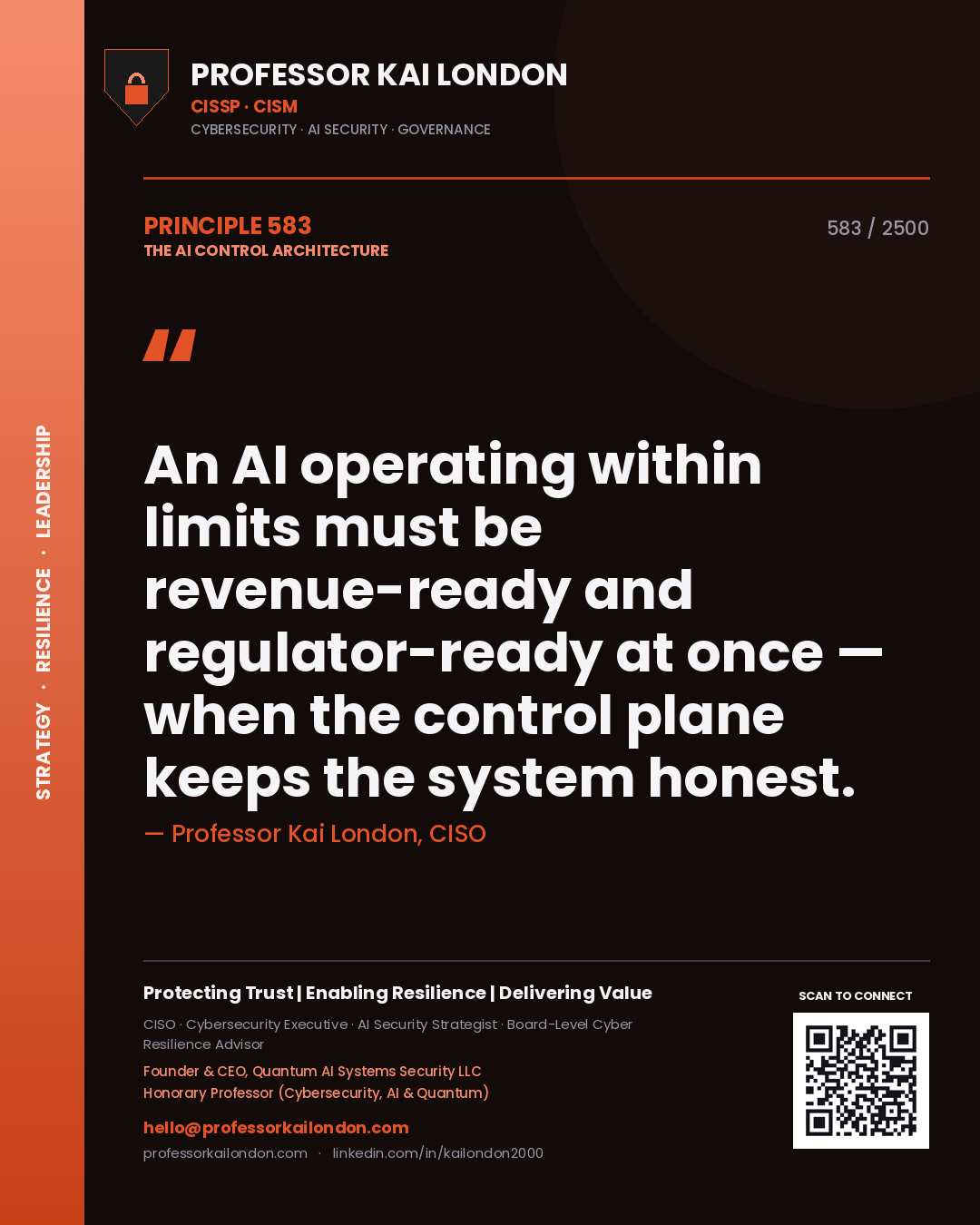 Quote card by Professor Kai London reading 'An AI operating within limits must be revenue-ready and regulator-ready at once — when the control plane keeps the system honest.'. From the book The AI Control Architecture.