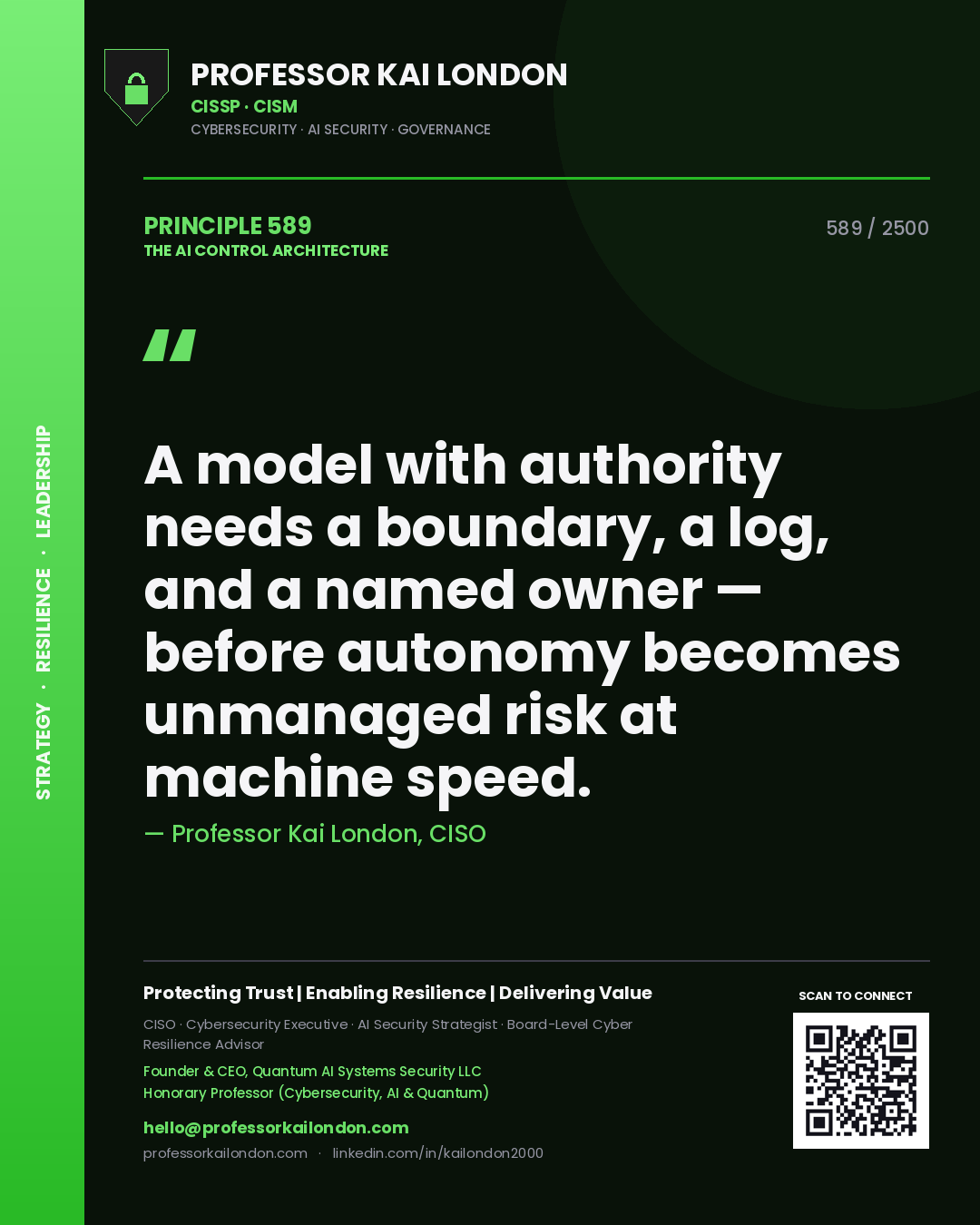 Quote card by Professor Kai London reading 'A model with authority needs a boundary, a log, and a named owner — before autonomy becomes unmanaged risk at machine speed.'. From the book The AI Control Architecture.