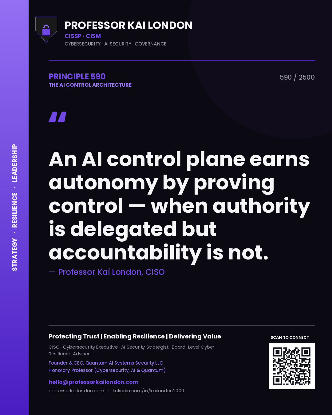 Quote card by Professor Kai London reading 'An AI control plane earns autonomy by proving control — when authority is delegated but accountability is not.'. From the book The AI Control Architecture.