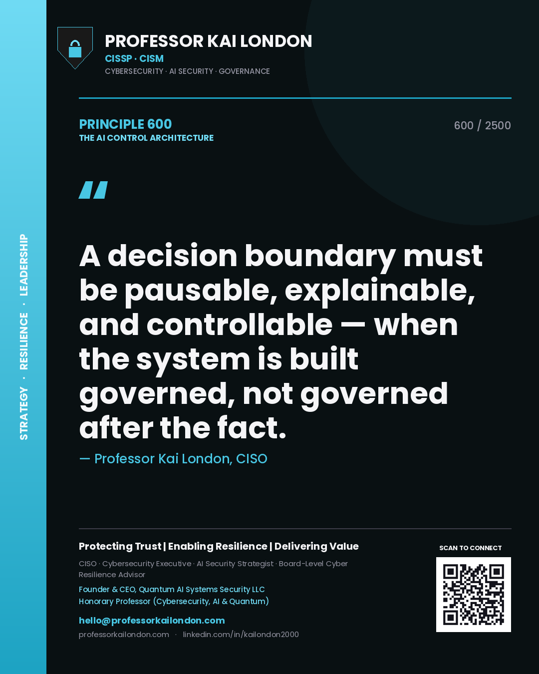 Professor Kai London principle 600: A decision boundary must be pausable, explainable, and controllable — when the system is built governed, not governed after the fact.
