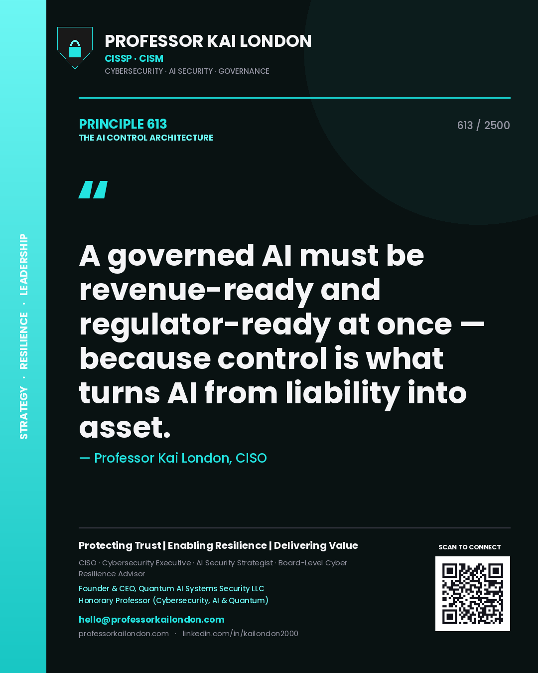 Professor Kai London principle 613: A governed AI must be revenue-ready and regulator-ready at once — because control is what turns AI from liability into asset.