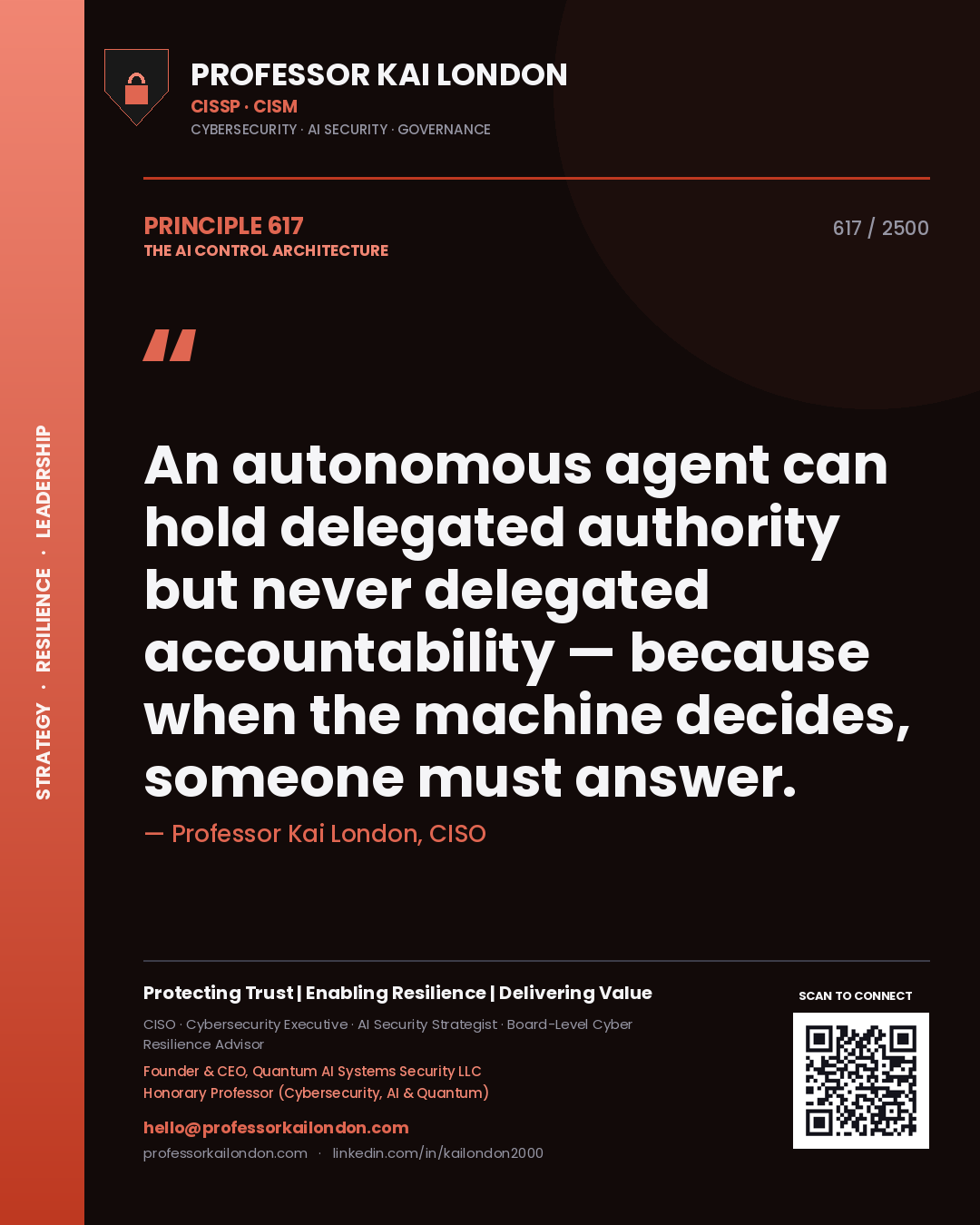 Professor Kai London principle 617: An autonomous agent can hold delegated authority but never delegated accountability — because when the machine decides, someone must answer.