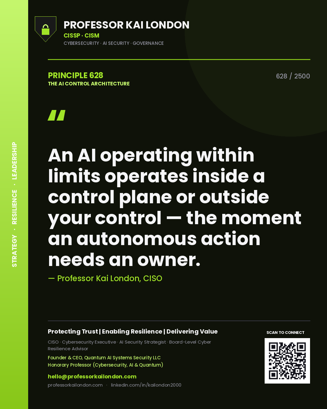 Professor Kai London principle 628: An AI operating within limits operates inside a control plane or outside your control — the moment an autonomous action needs an owner.
