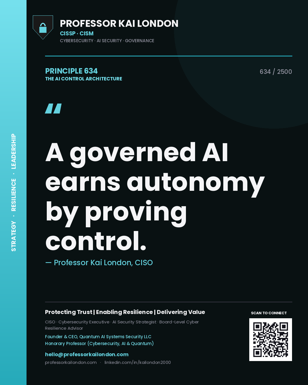 Quote card by Professor Kai London reading 'A governed AI earns autonomy by proving control.'. From the book The AI Control Architecture.