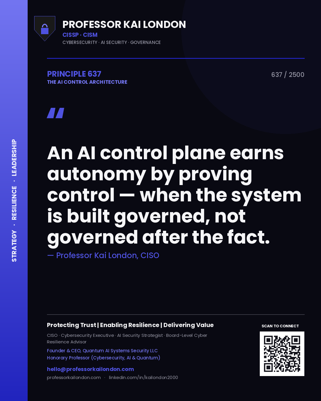 Quote card by Professor Kai London reading 'An AI control plane earns autonomy by proving control — when the system is built governed, not governed after the fact.'. From the book The AI Control Architecture.