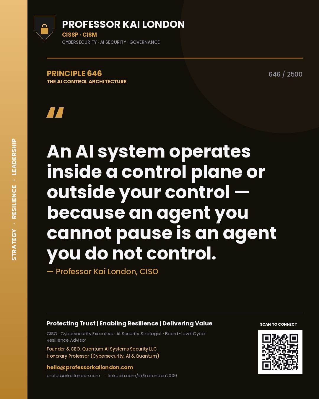 Quote card by Professor Kai London reading 'An AI system operates inside a control plane or outside your control — because an agent you cannot pause is an agent you do not control.'. From the book The AI Control Architecture.