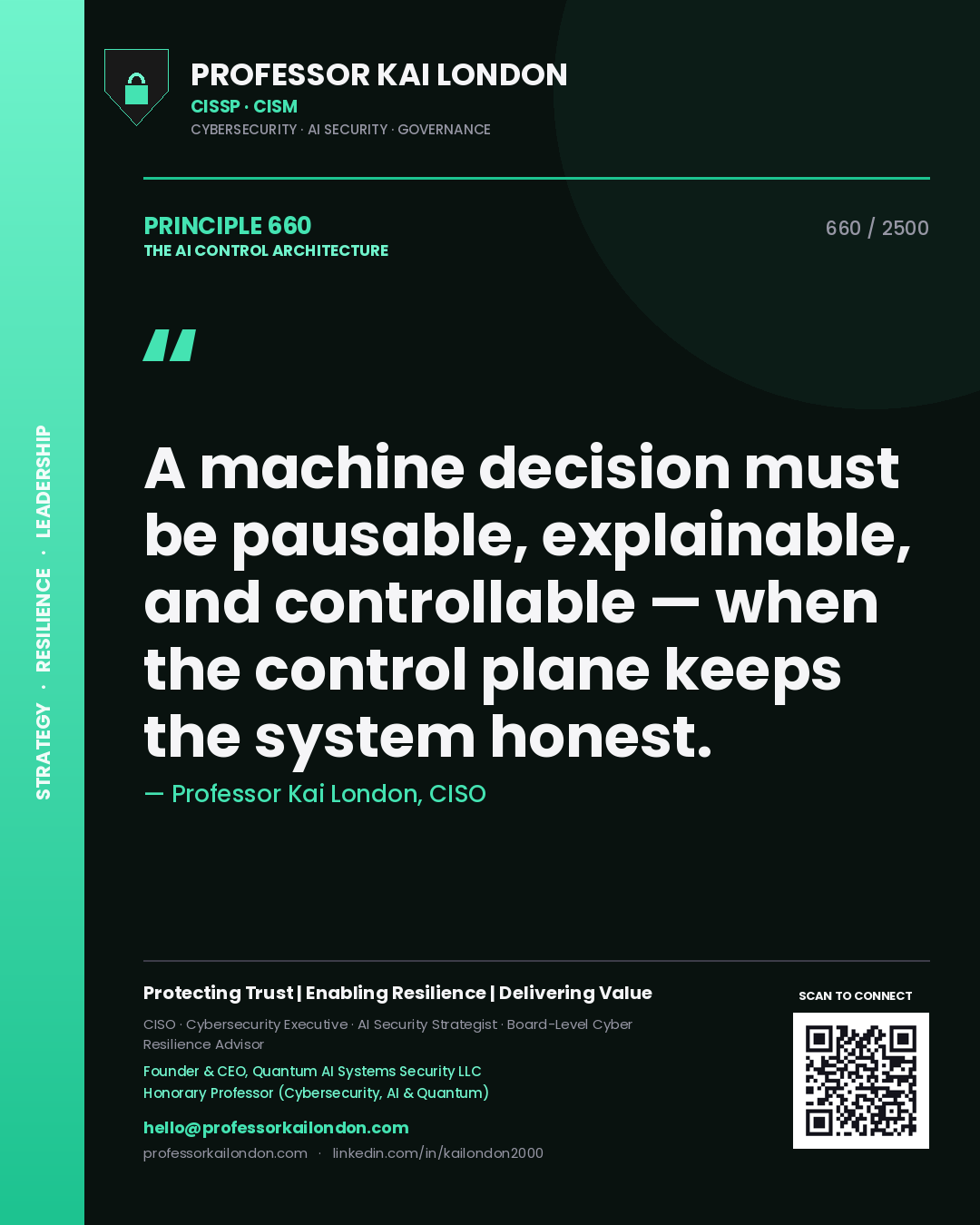Professor Kai London principle 660: A machine decision must be pausable, explainable, and controllable — when the control plane keeps the system honest.