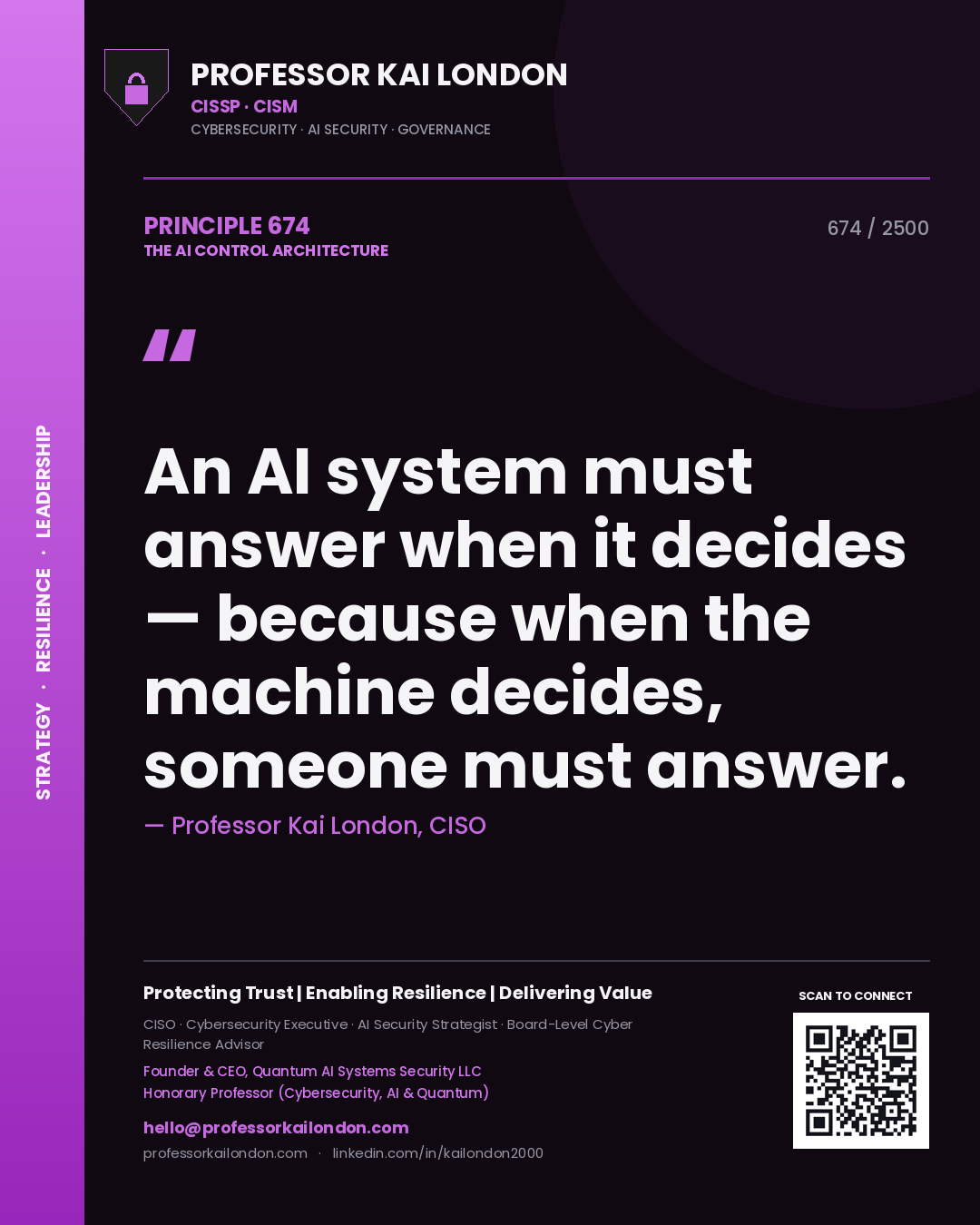 Professor Kai London principle 674: An AI system must answer when it decides — because when the machine decides, someone must answer.