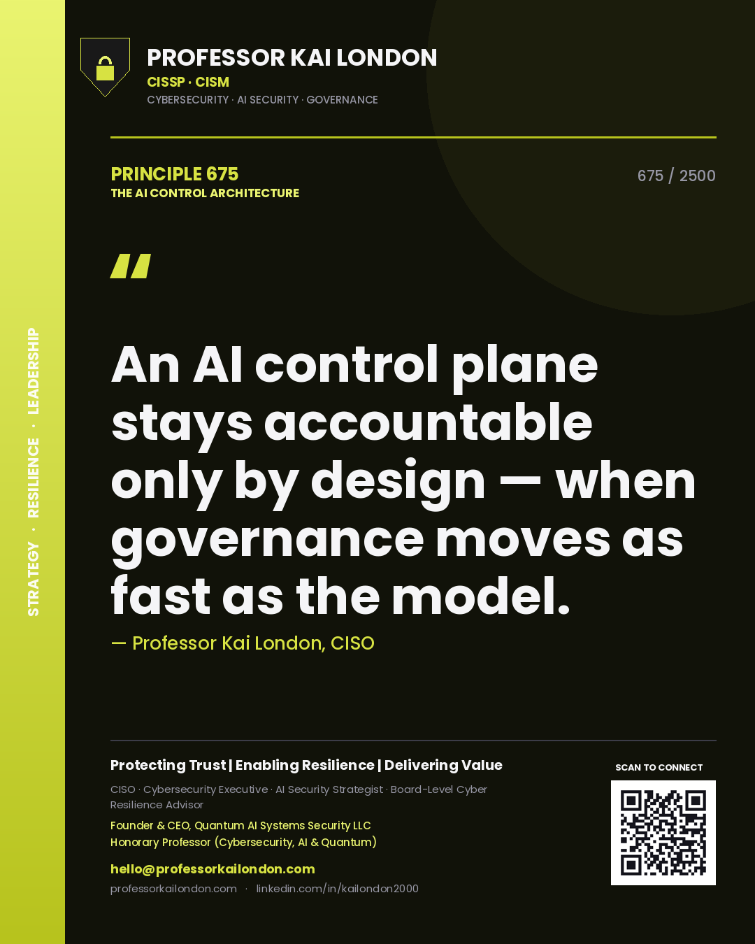 Quote card by Professor Kai London reading 'An AI control plane stays accountable only by design — when governance moves as fast as the model.'. From the book The AI Control Architecture.