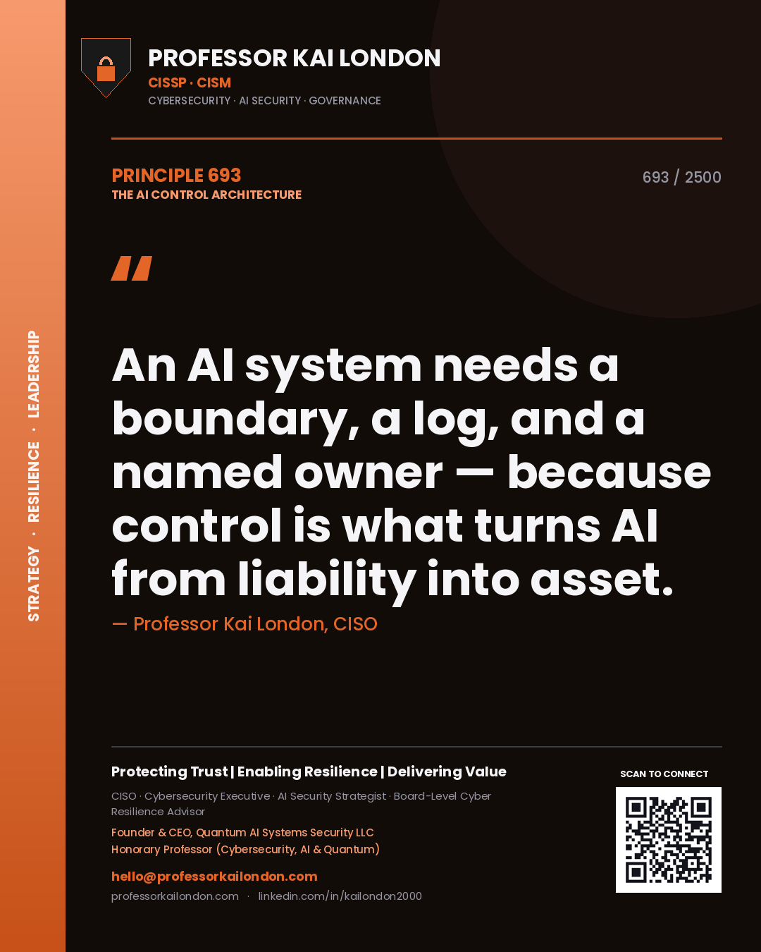 Professor Kai London principle 693: An AI system needs a boundary, a log, and a named owner — because control is what turns AI from liability into asset.