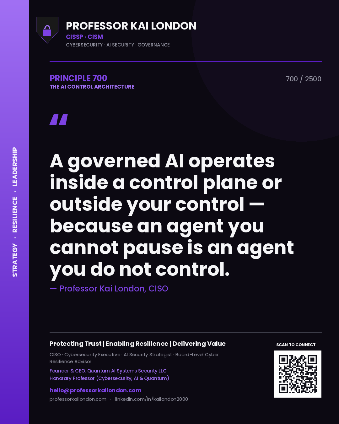Quote card by Professor Kai London reading 'A governed AI operates inside a control plane or outside your control — because an agent you cannot pause is an agent you do not control.'. From the book The AI Control Architecture.