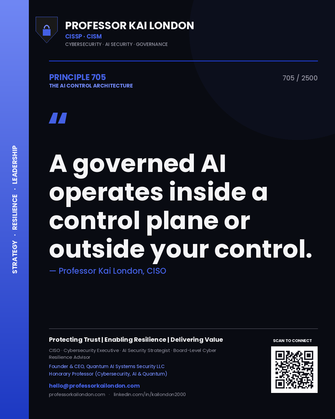 Quote card by Professor Kai London reading 'A governed AI operates inside a control plane or outside your control.'. From the book The AI Control Architecture.
