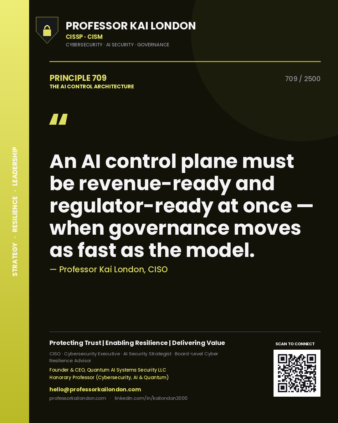 Quote card by Professor Kai London reading 'An AI control plane must be revenue-ready and regulator-ready at once — when governance moves as fast as the model.'. From the book The AI Control Architecture.