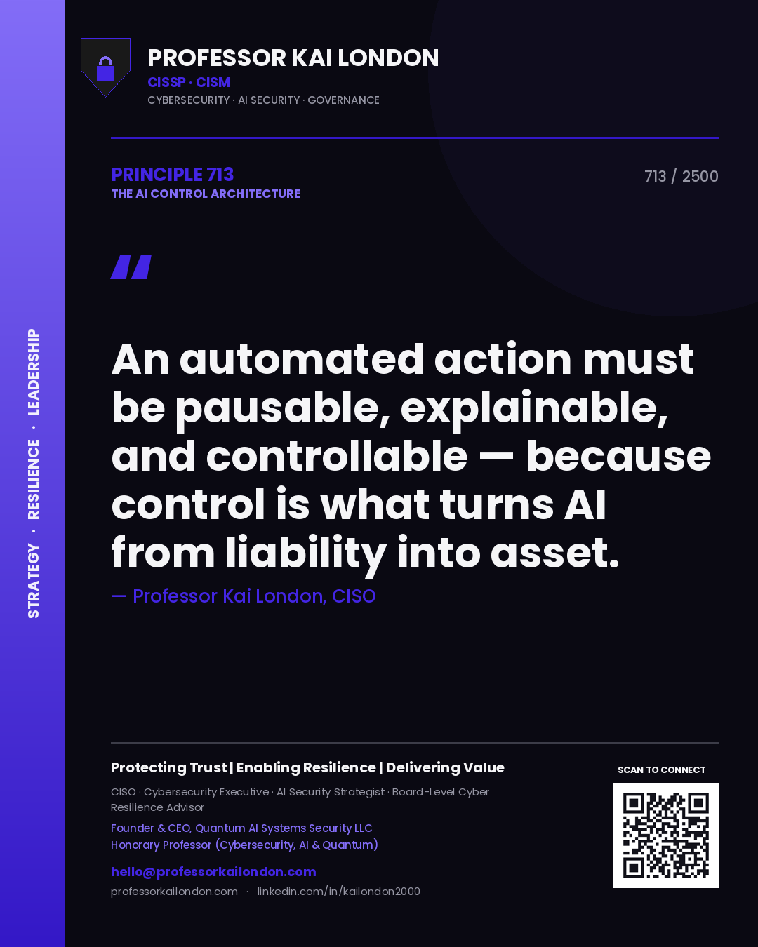 Professor Kai London principle 713: An automated action must be pausable, explainable, and controllable — because control is what turns AI from liability into asset.