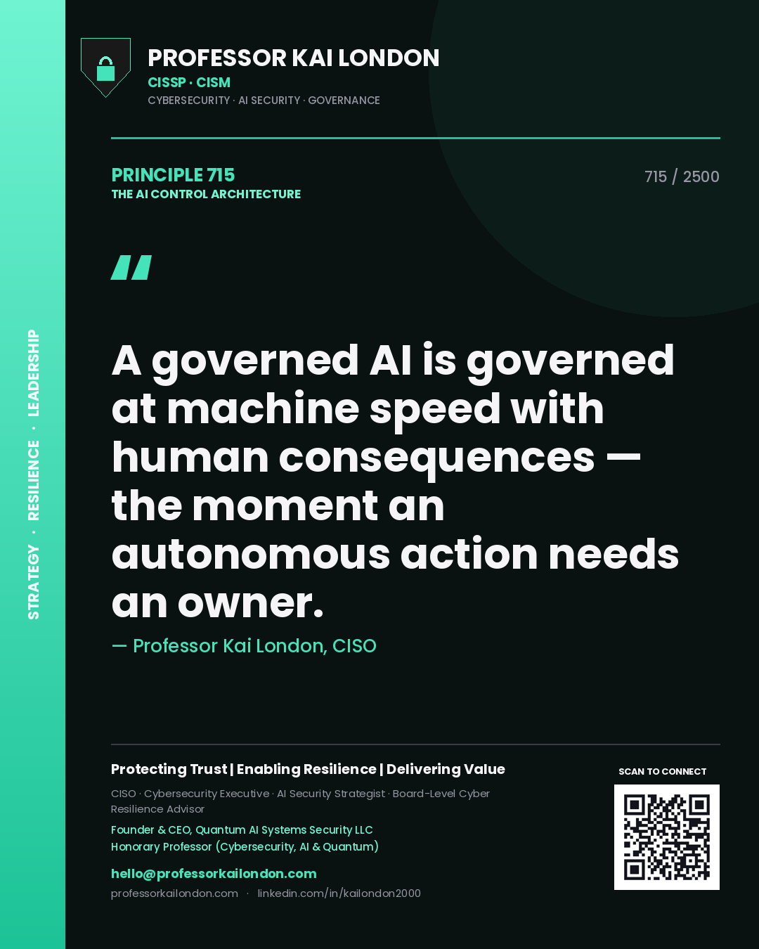 Quote card by Professor Kai London reading 'A governed AI is governed at machine speed with human consequences — the moment an autonomous action needs an owner.'. From the book The AI Control Architecture.