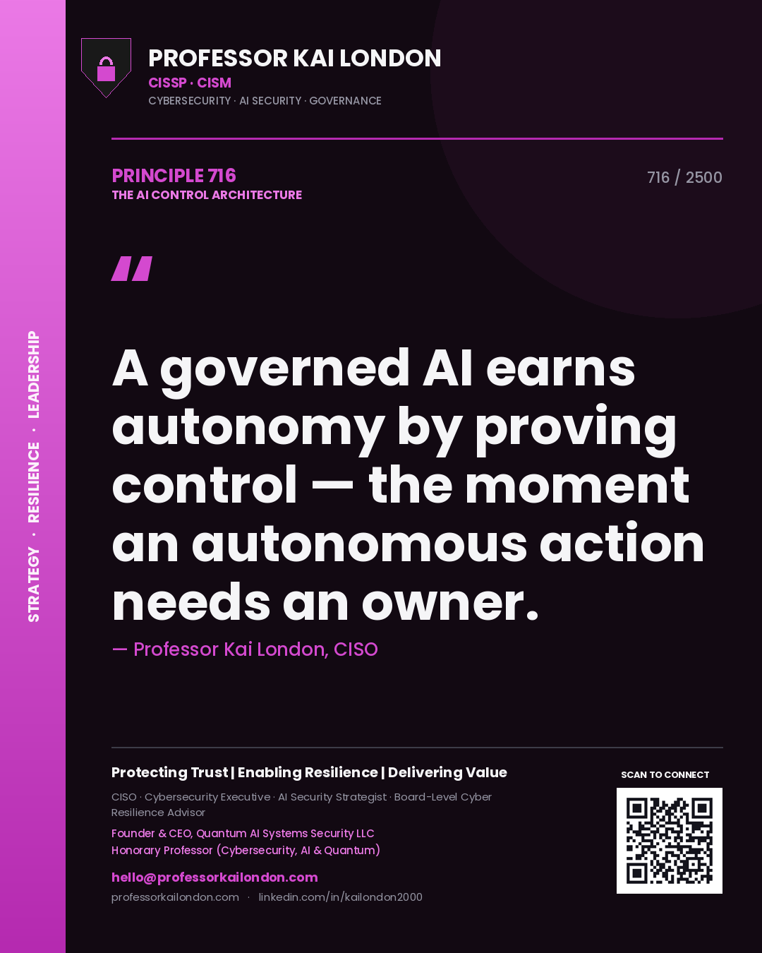Quote card by Professor Kai London reading 'A governed AI earns autonomy by proving control — the moment an autonomous action needs an owner.'. From the book The AI Control Architecture.