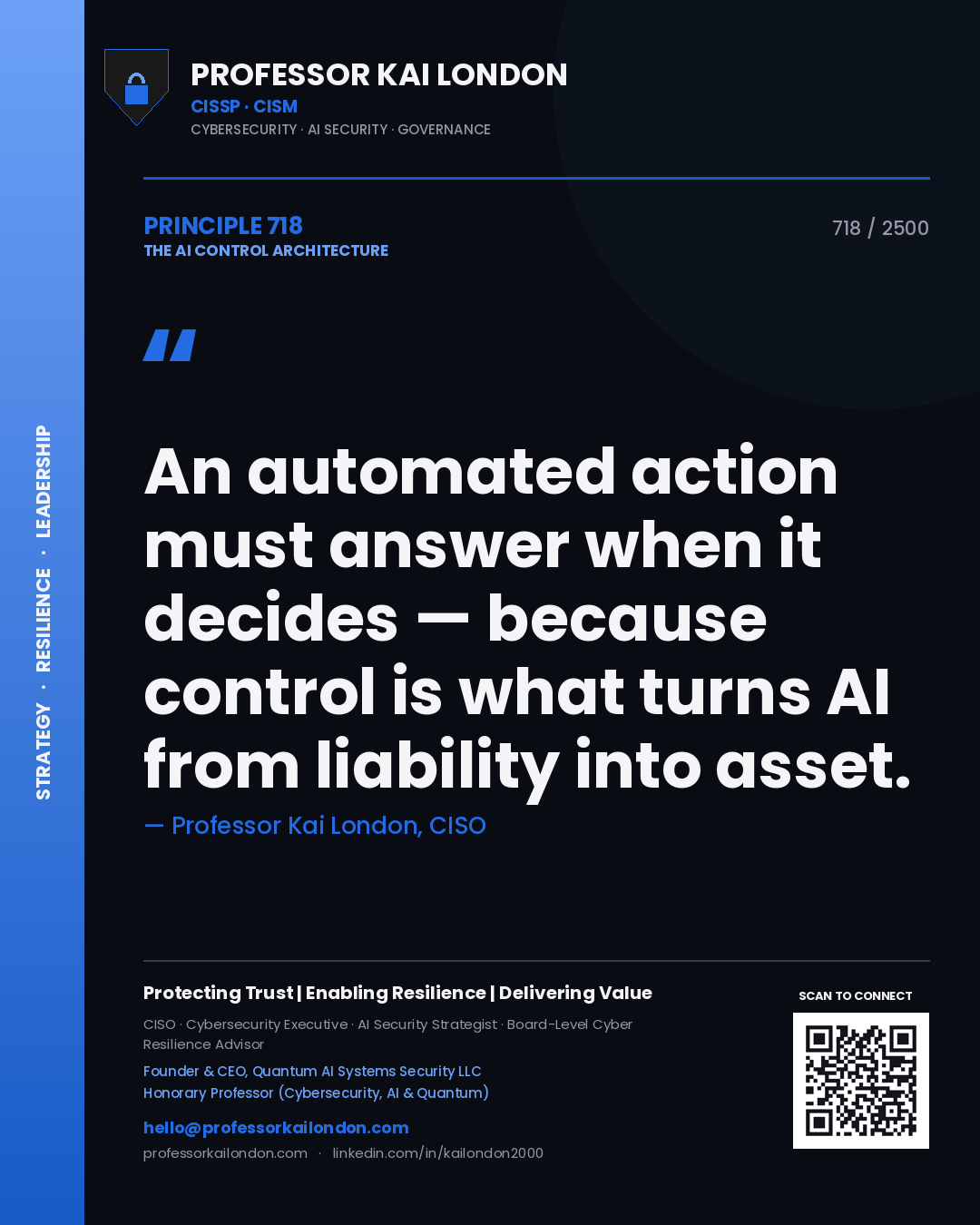 Quote card by Professor Kai London reading 'An automated action must answer when it decides — because control is what turns AI from liability into asset.'. From the book The AI Control Architecture.