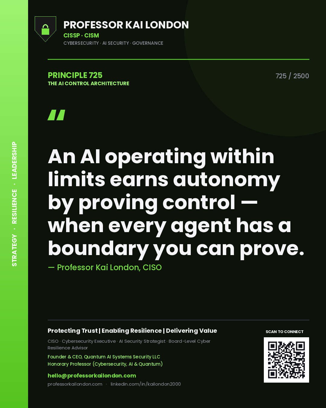 Professor Kai London principle 725: An AI operating within limits earns autonomy by proving control — when every agent has a boundary you can prove.