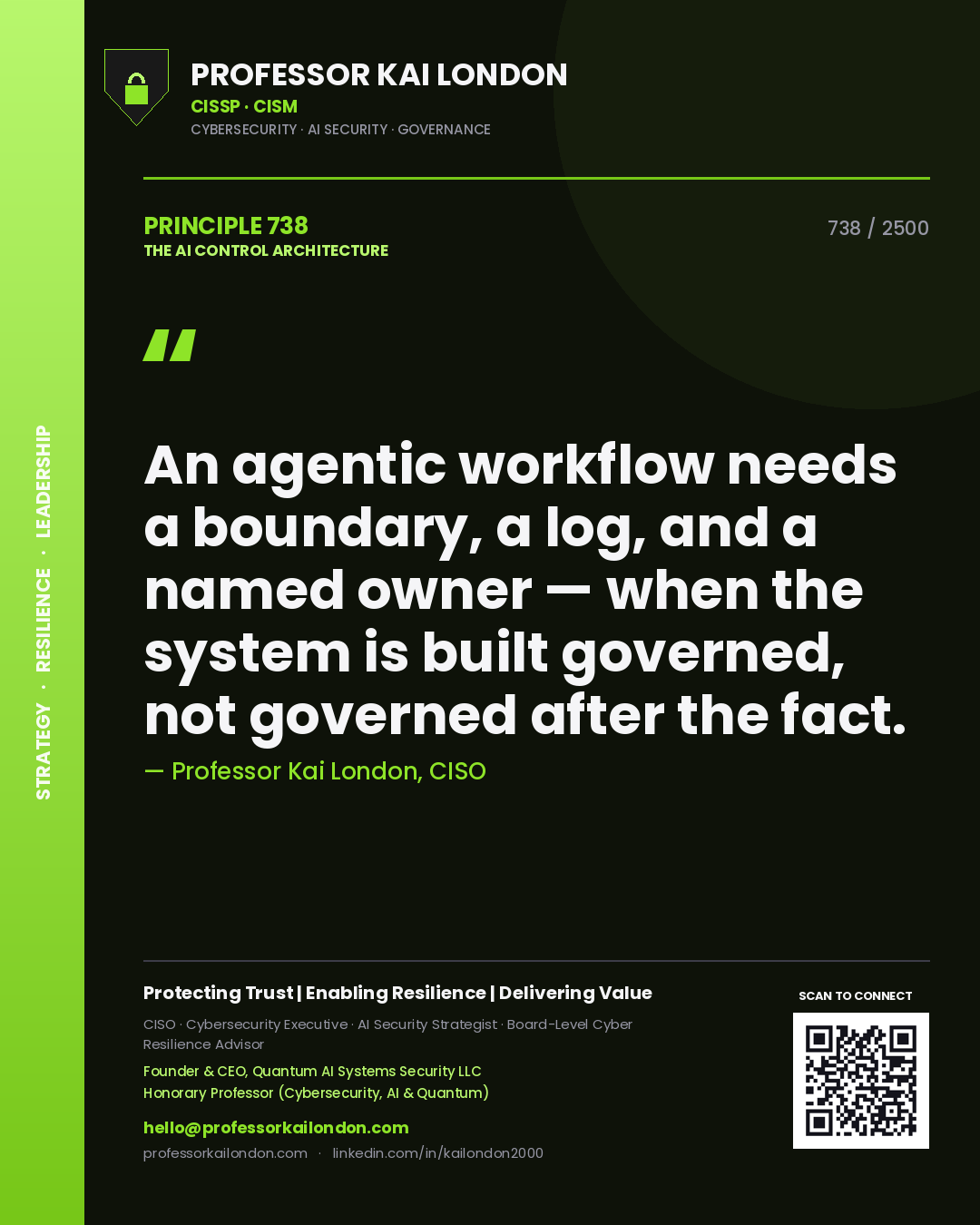 Professor Kai London principle 738: An agentic workflow needs a boundary, a log, and a named owner — when the system is built governed, not governed after the fact.