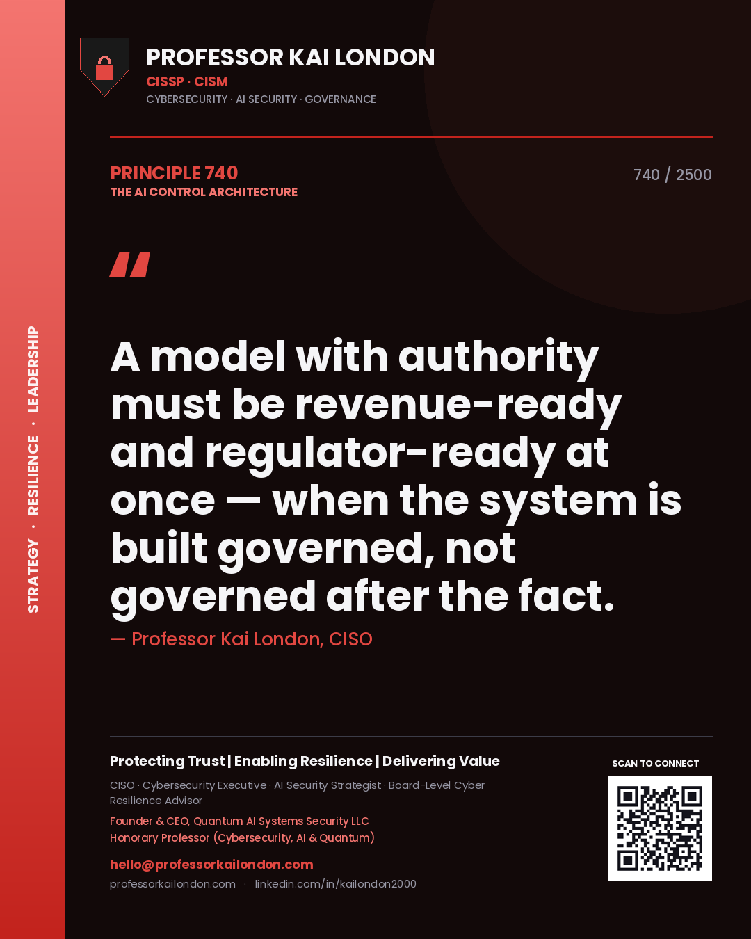 Quote card by Professor Kai London reading 'A model with authority must be revenue-ready and regulator-ready at once — when the system is built governed, not governed after the fact.'. From the book The AI Control Architecture.