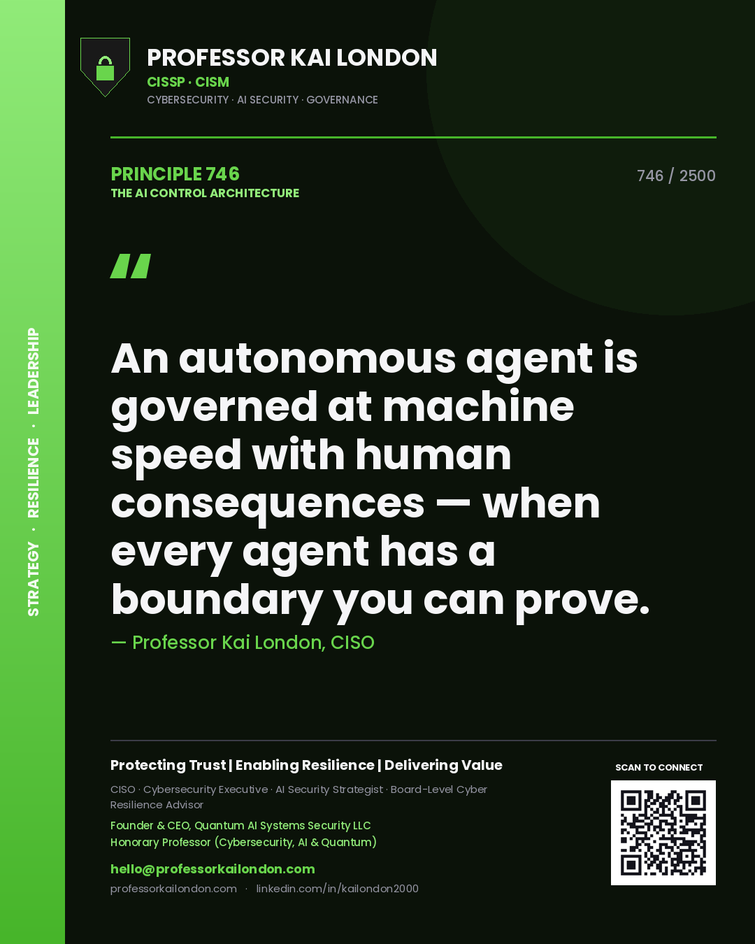 Professor Kai London principle 746: An autonomous agent is governed at machine speed with human consequences — when every agent has a boundary you can prove.