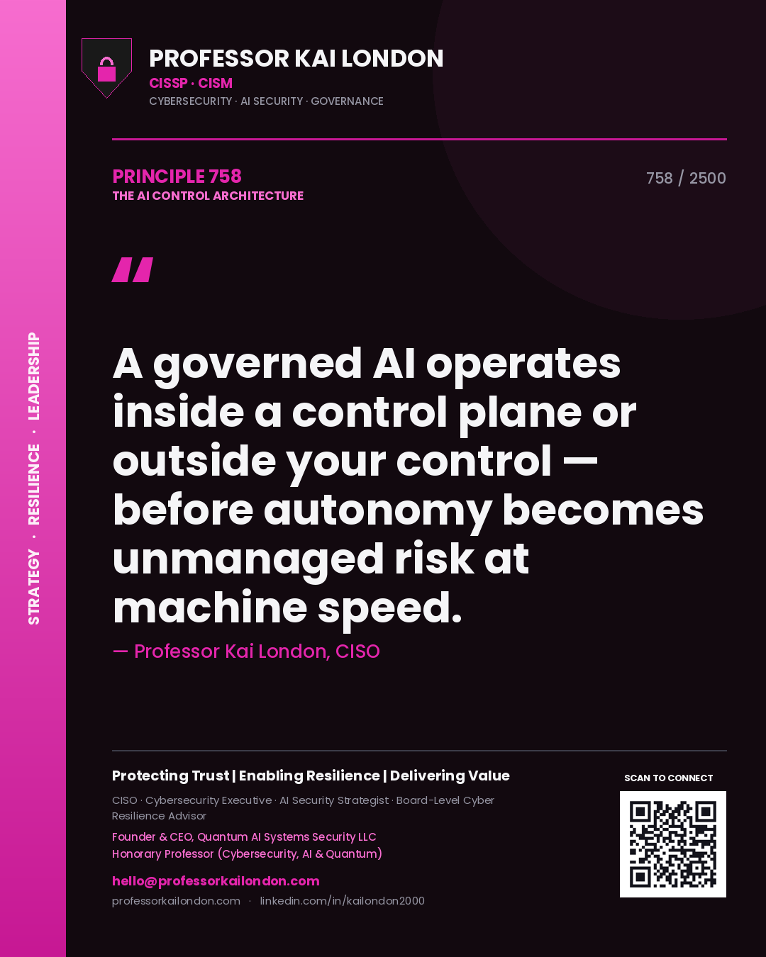 Professor Kai London principle 758: A governed AI operates inside a control plane or outside your control — before autonomy becomes unmanaged risk at machine speed.