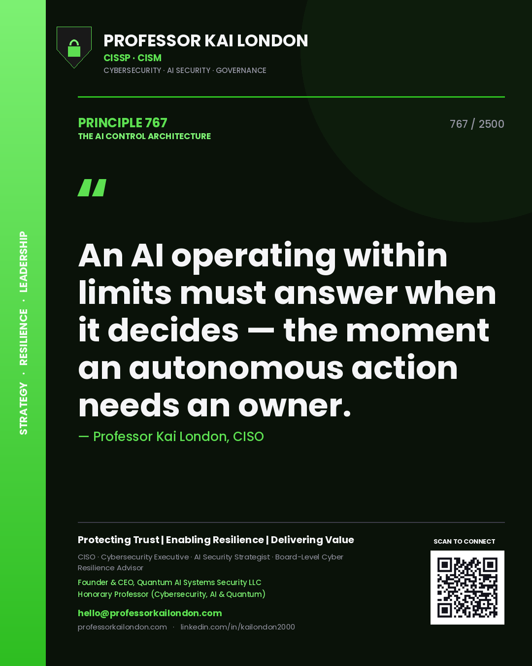Professor Kai London principle 767: An AI operating within limits must answer when it decides — the moment an autonomous action needs an owner.